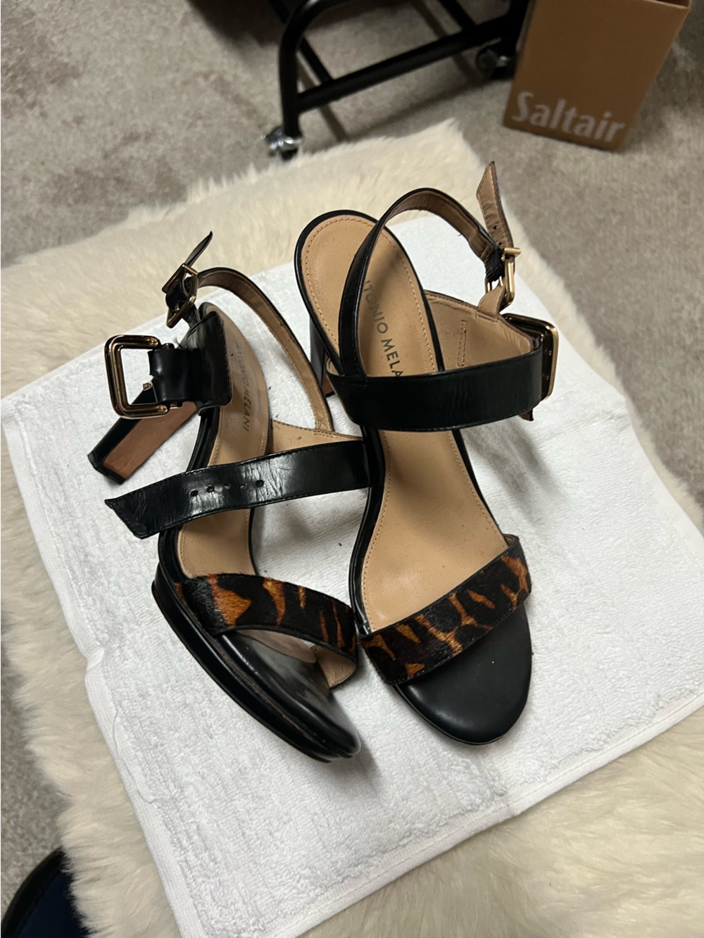 ANTONIO MELANI Black Sandal Heels with Leopard-Print Strap